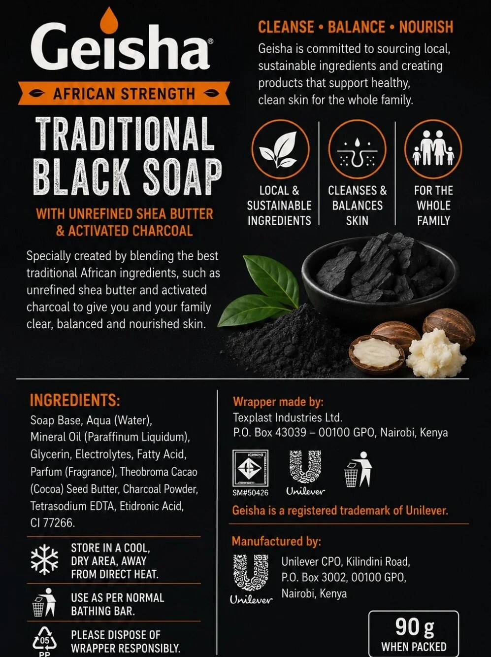 Geisha African Black Soap with Cocoa Butter & Charcoal Made in Kenya 3 bars